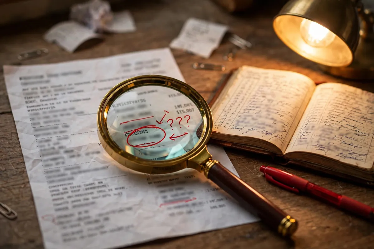 how to reconcile your bank statement — magnifying glass inspecting unusual entries on a statement