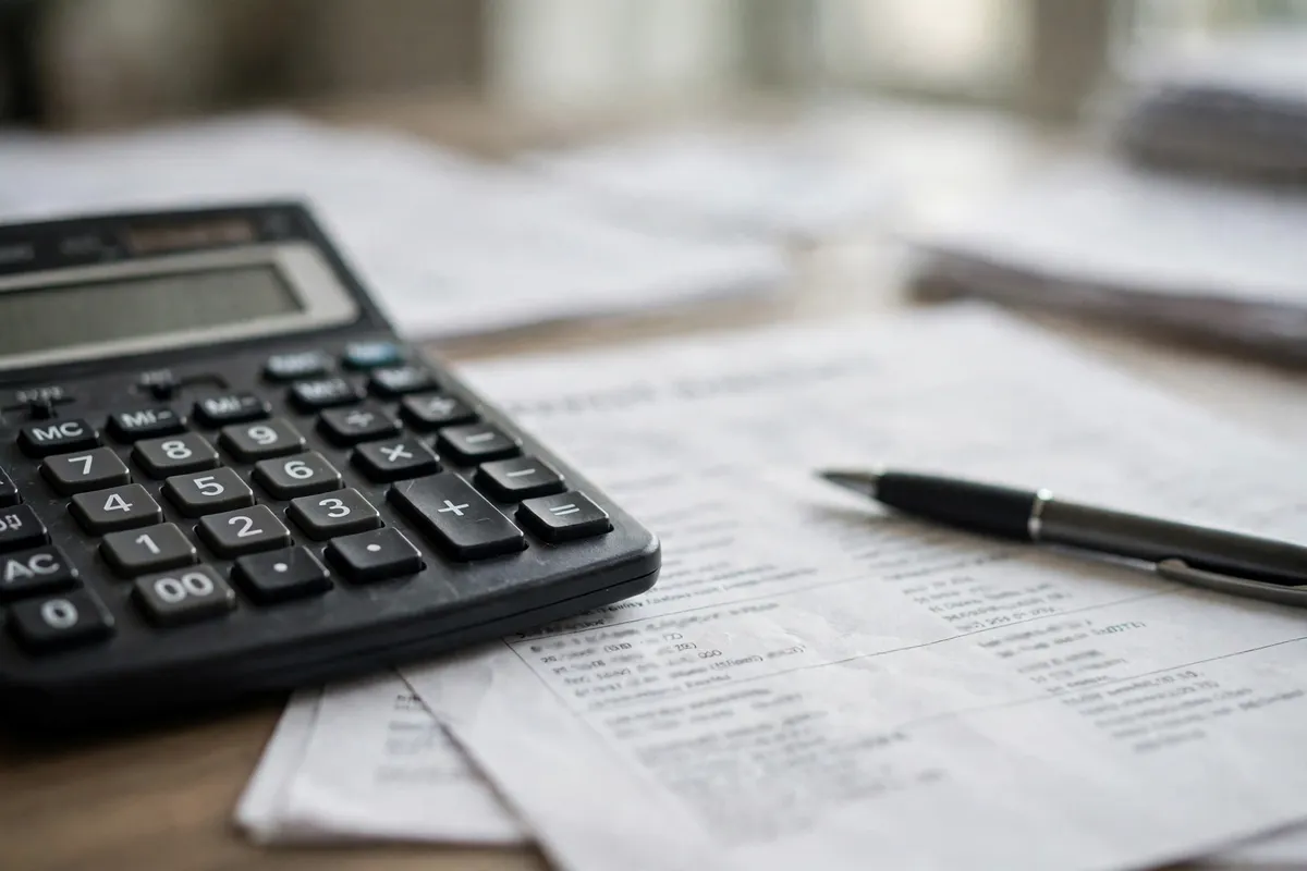 how to record Stripe fees in QuickBooks — calculator beside a blurred Stripe payout summary sheet