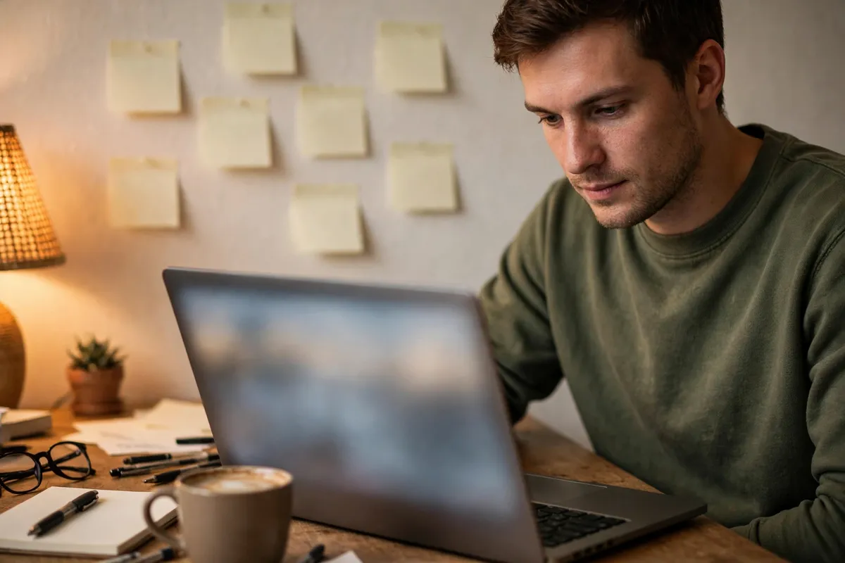 record Stripe fees in QuickBooks — person reviewing a laptop with blank notes behind
