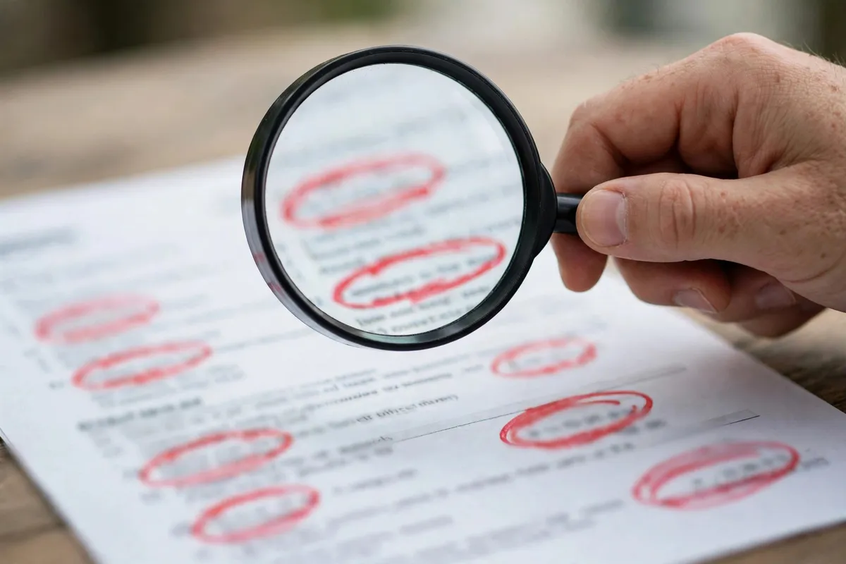 spot fraudulent transactions in bank statement — magnifying glass over circled suspicious transaction rows