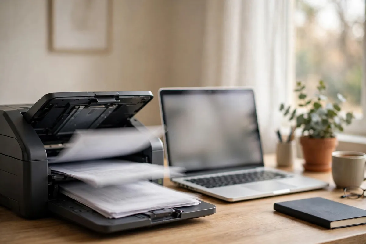 bank statement api — document scanner digitizing paper statements beside a laptop