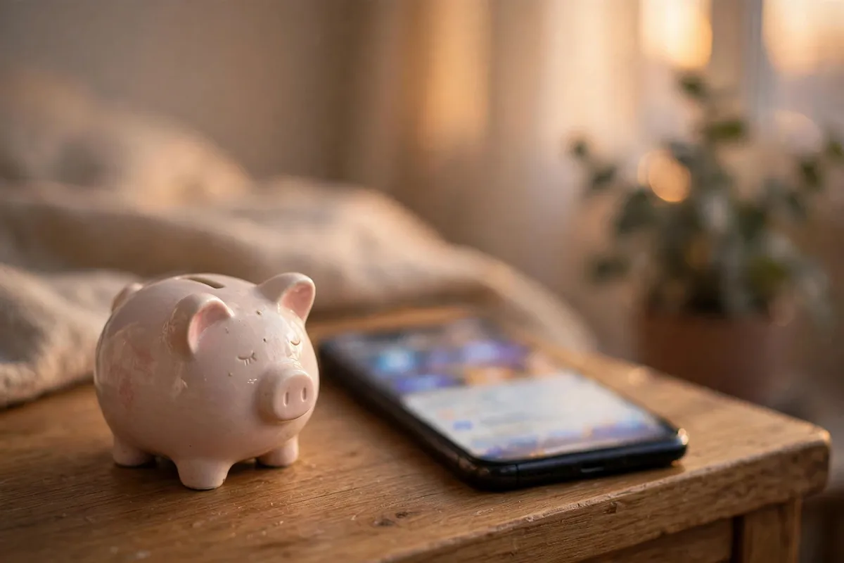 use bank statement for budgeting — piggy bank and phone showing savings growing automatically
