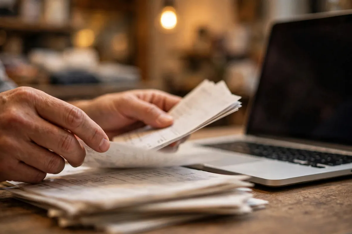 bank statements for GST filing sales reconciliation — hands sorting invoices beside a laptop