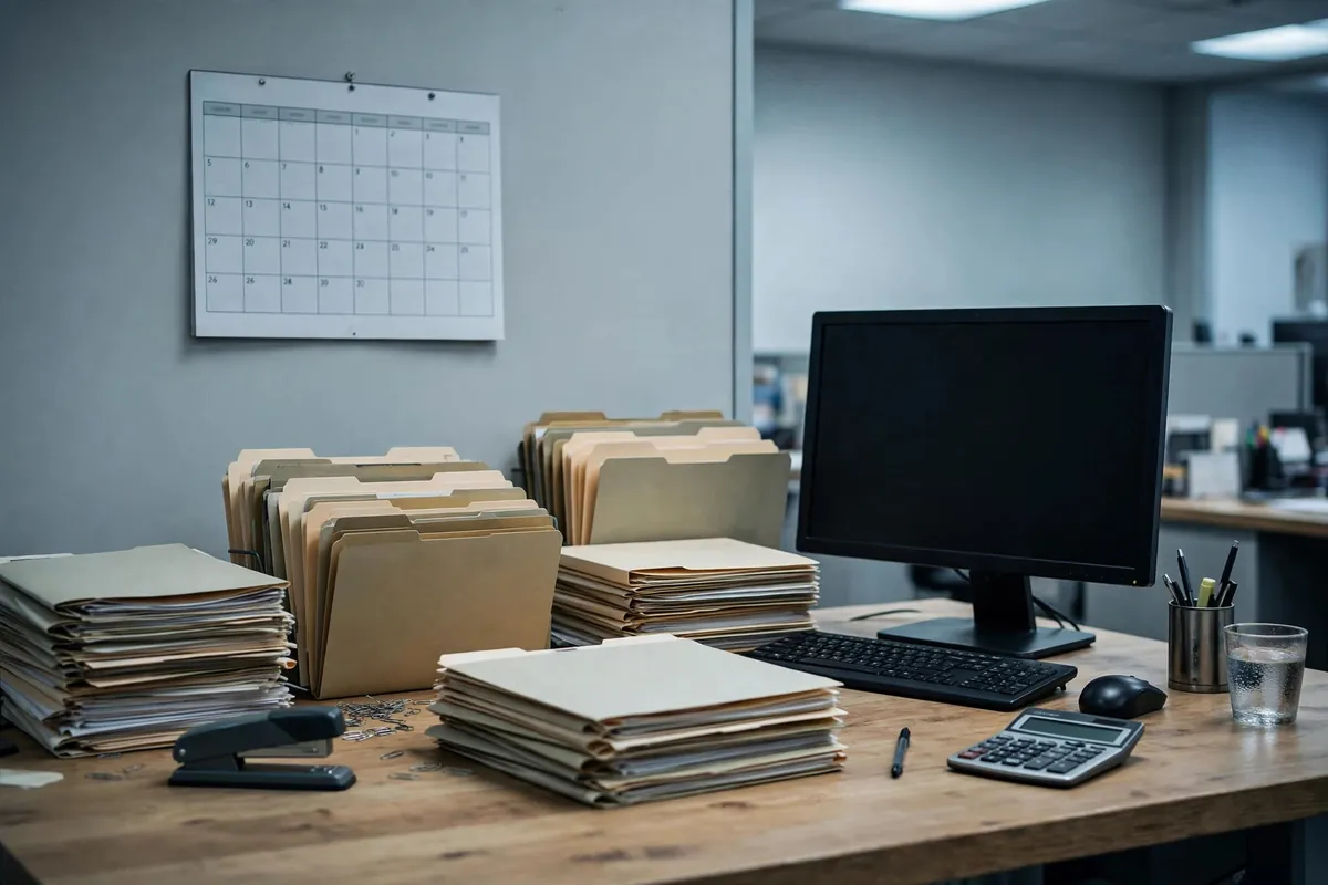 bank statements for GST filing TDS tracking — accountant's desk with files and desktop computer