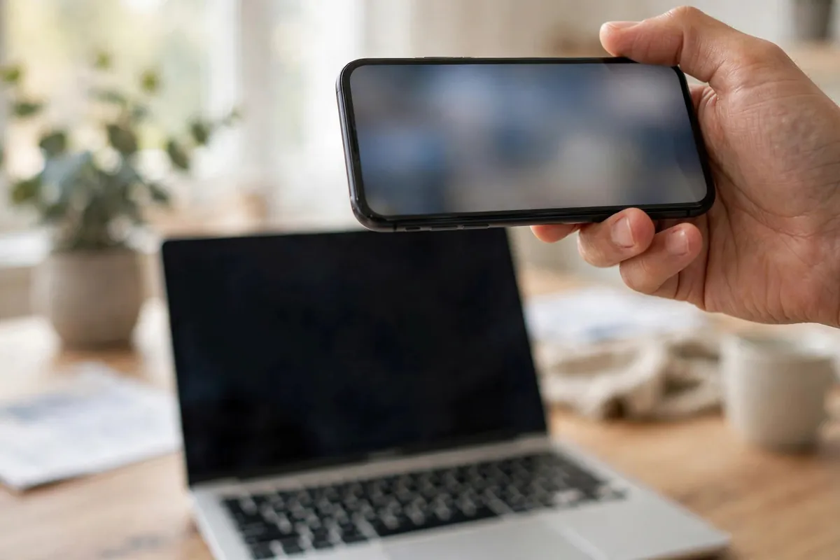 download IndusInd bank statement PDF — smartphone held above a laptop with a banking app