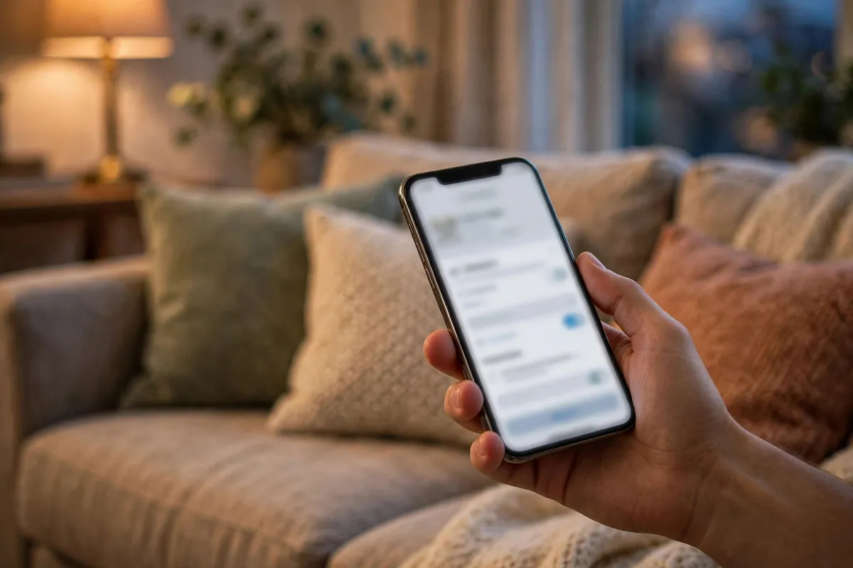 Kotak 811 account statement — phone signup screen in hand over a living room sofa