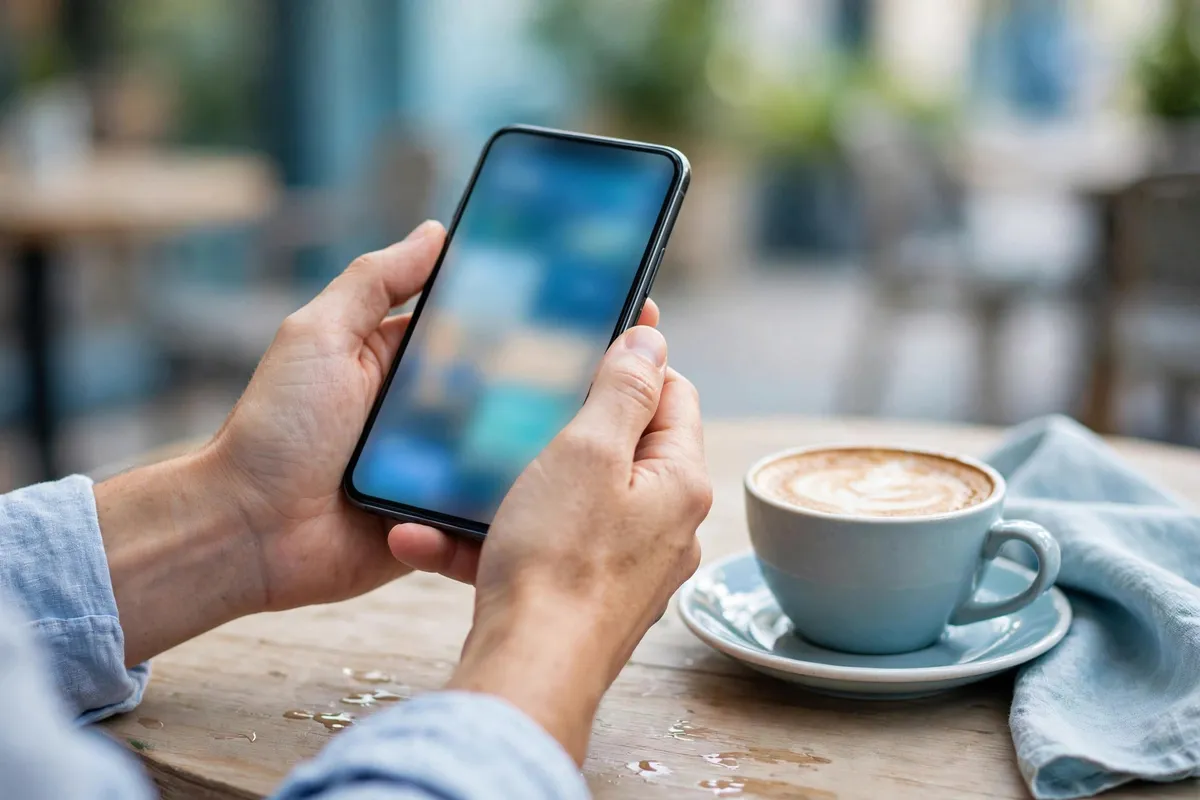 download kotak bank statement — hands checking the mobile banking app over coffee