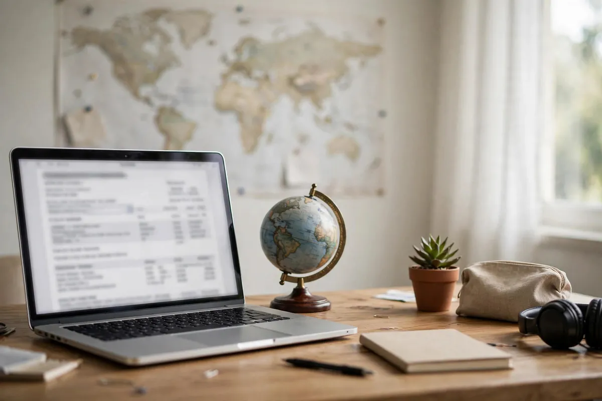 NRI bank account statement India — laptop and globe on a desk for overseas banking