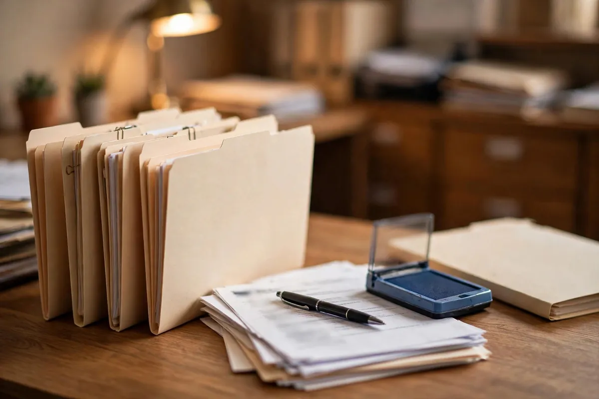 NRI bank account statement India — office desk with organized files and documents