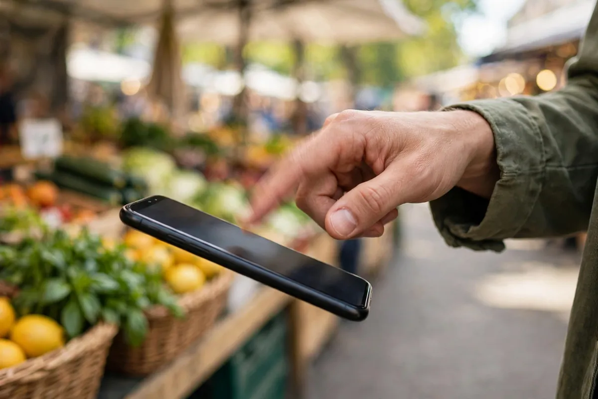 import Paytm Payments Bank statement into Xero — person tapping a smartphone at a market stall