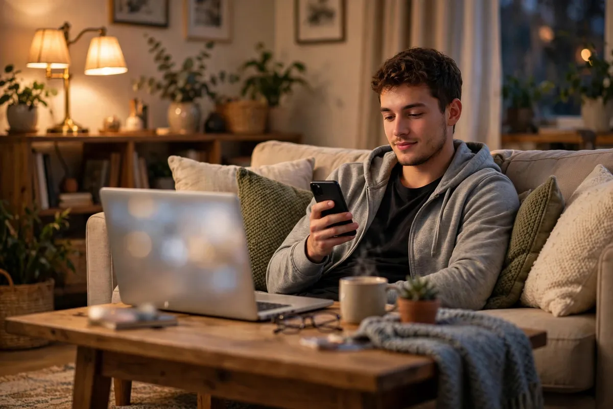 Paytm Payments Bank statement download — young man checking his phone and laptop at home