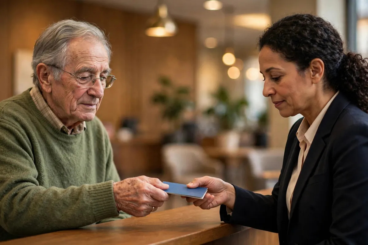 download PNB bank statement at the branch — elderly customer handing passbook to teller