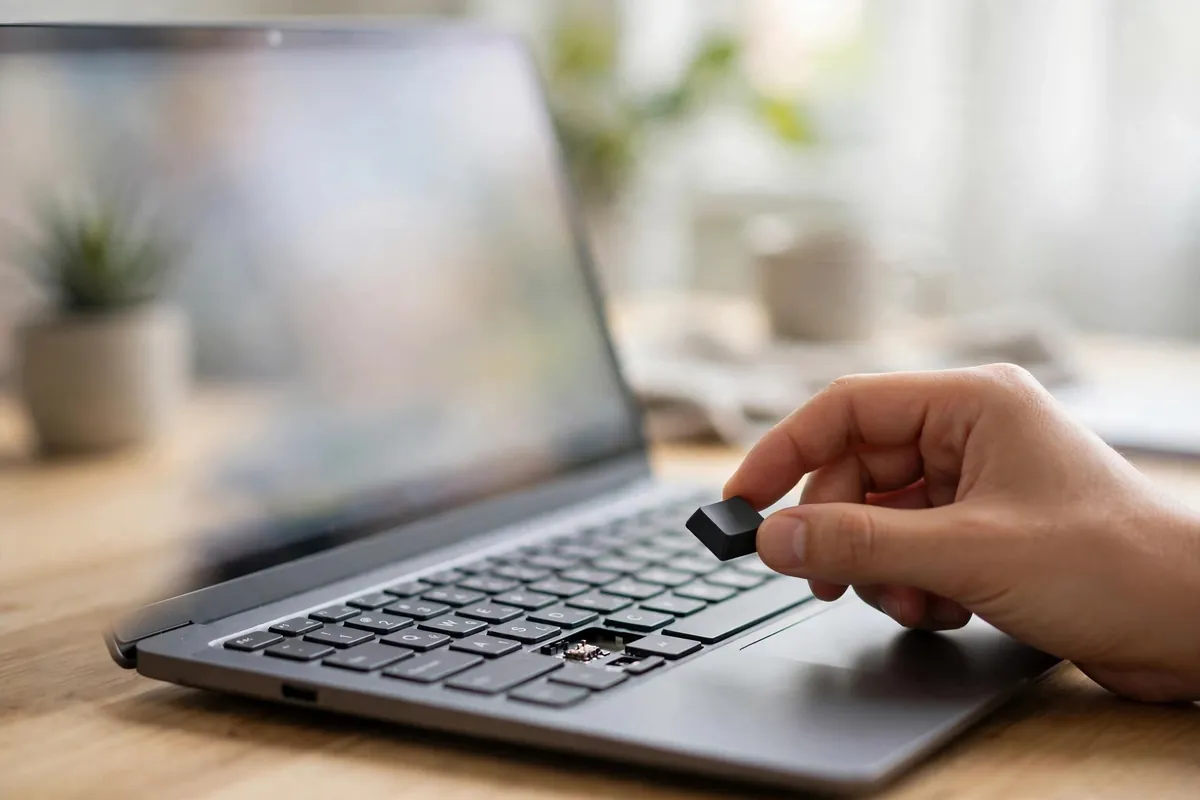 santander bank statement PDF unlock to Excel — hand lifting a key from a laptop keyboard