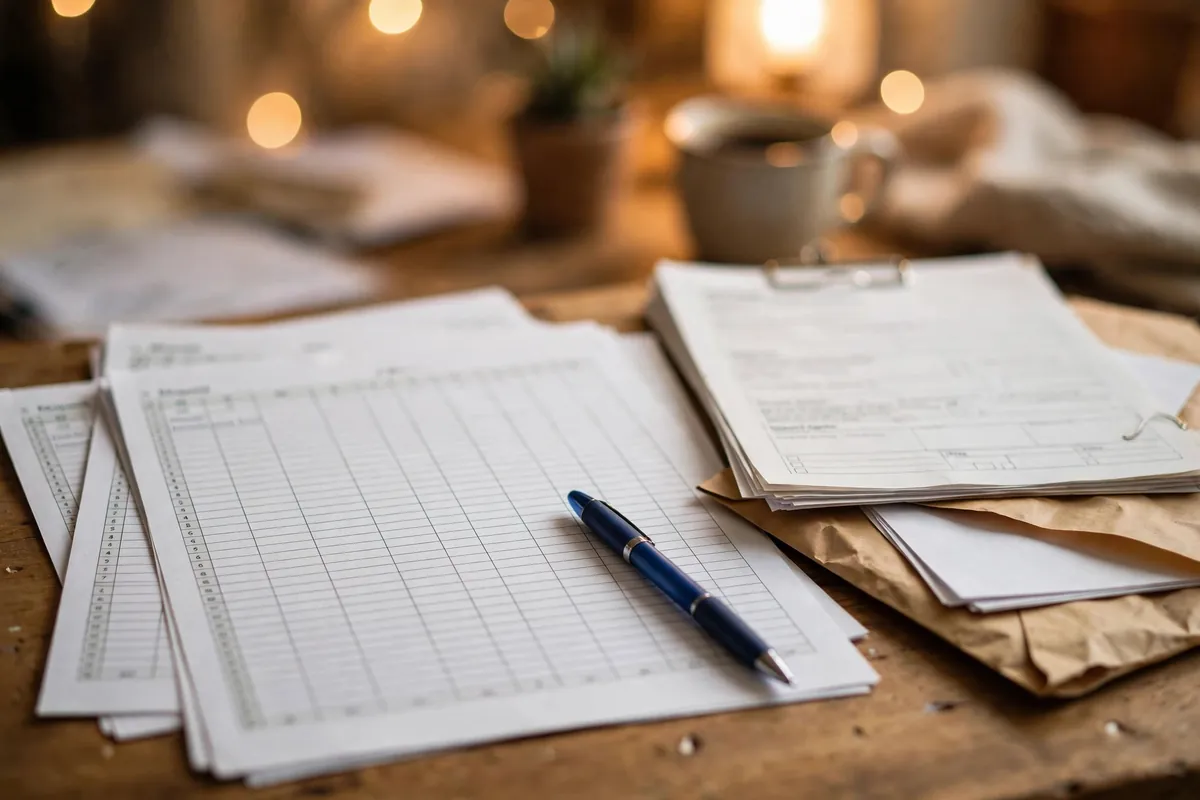 santander bank statement PDF unlock to Excel — printed spreadsheet beside property documents