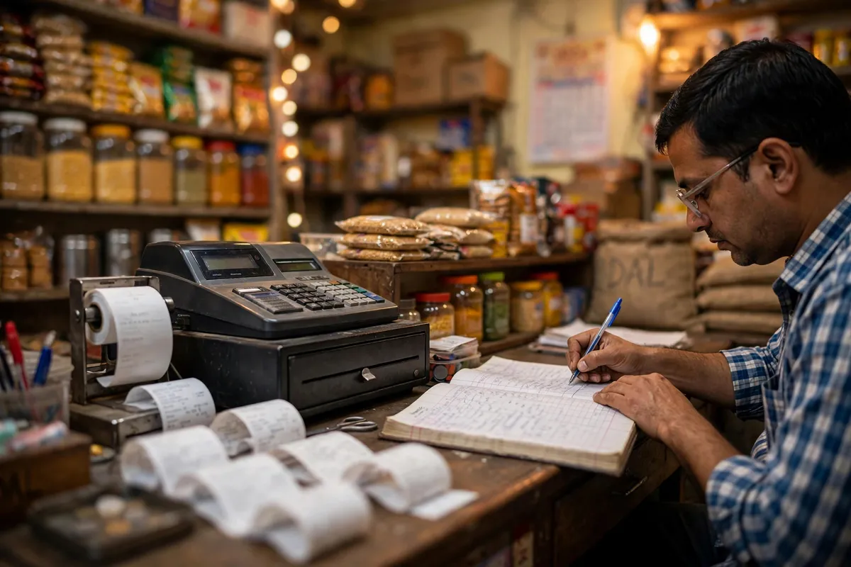savings vs current account statement — small business counter with receipts and a ledger