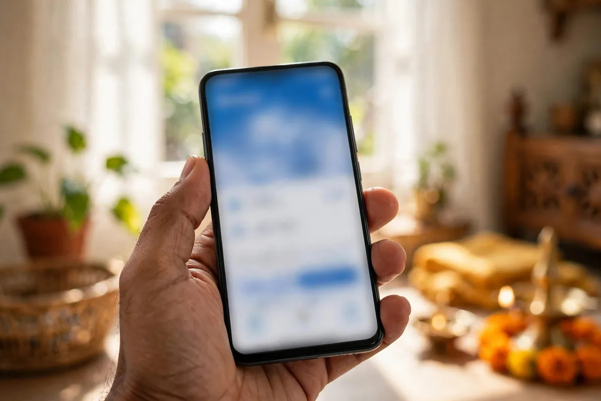 download SBI bank statement PDF — hand holding a smartphone with a banking app open