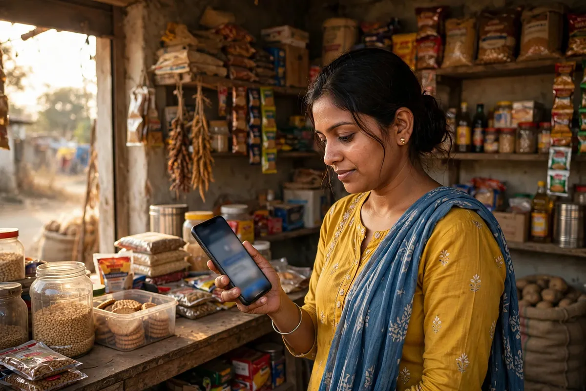 small finance bank statement guide — woman downloading a statement on her phone at a shop