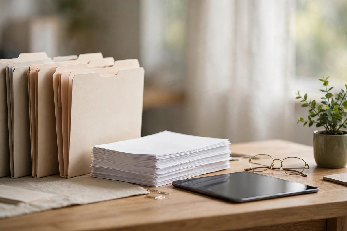 Organized desk with paper statements, a tablet showing a graph, and reading glasses