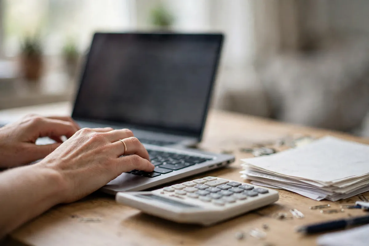 South Indian Bank statement to CSV — bookkeeper typing at a desk with a calculator