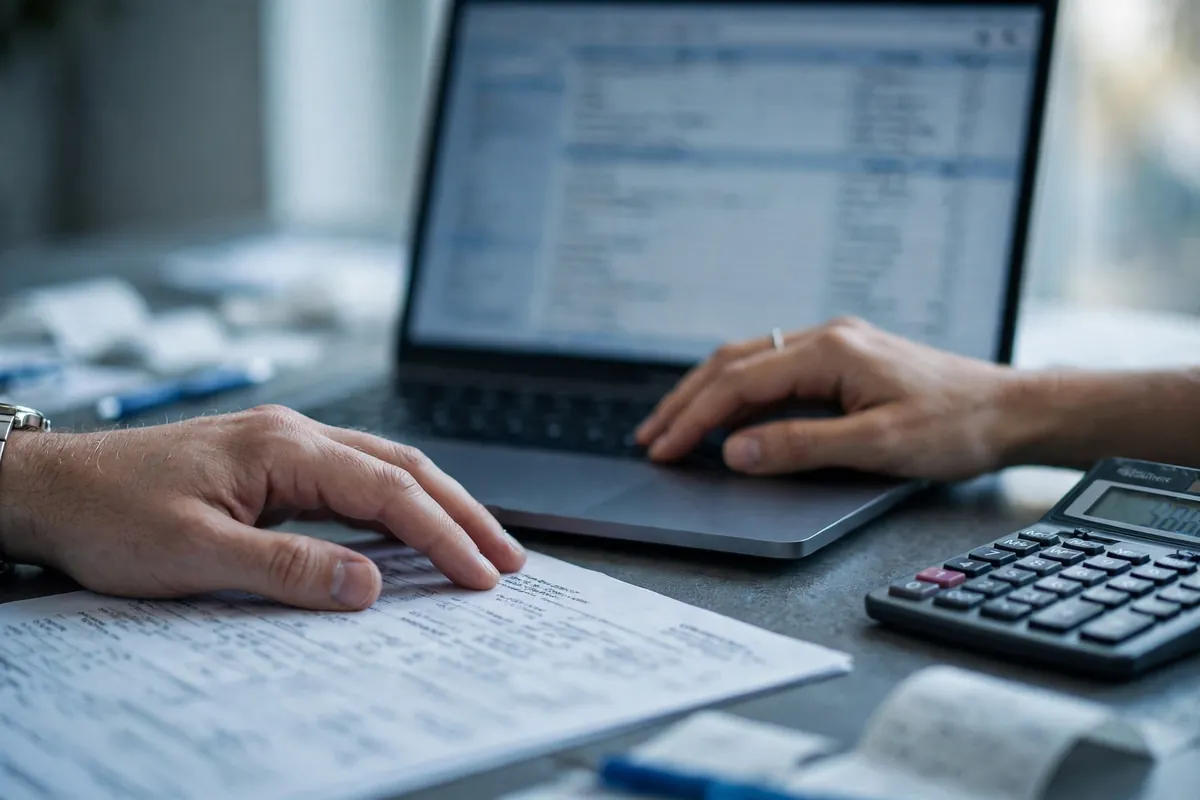 convert South Indian Bank statement PDF to Excel — accountant verifying spreadsheet balances against a statement
