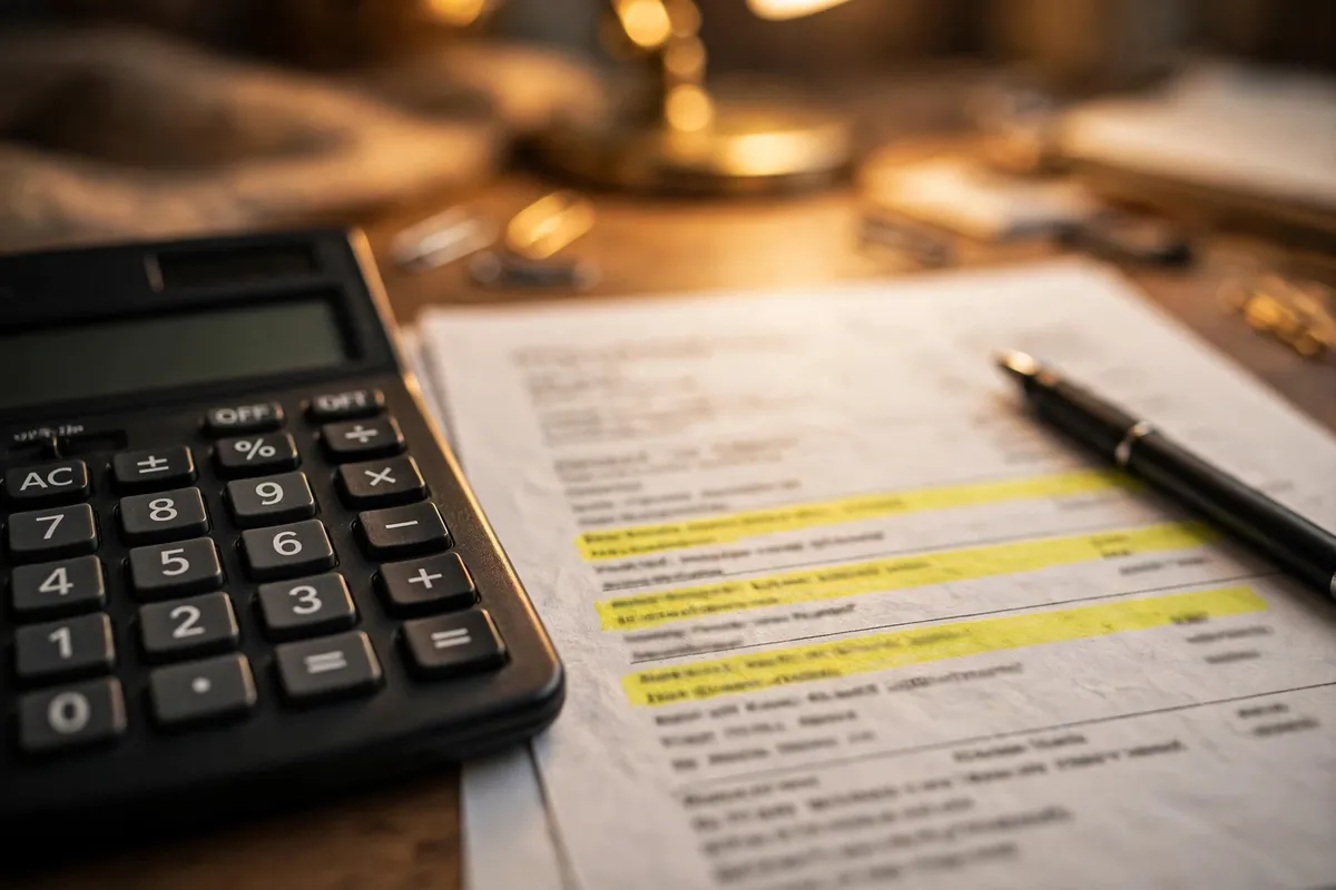 convert UCO Bank statement PDF to Excel — calculator and highlighted statement on a desk