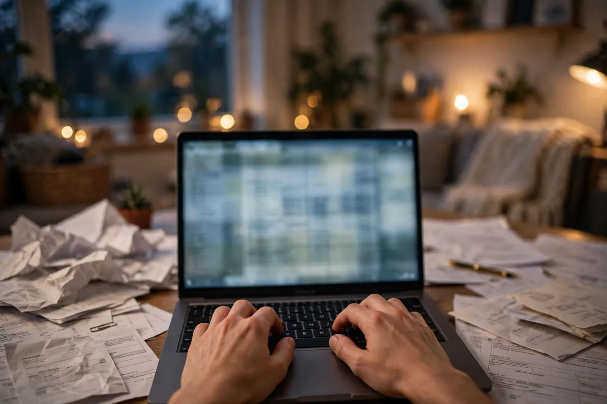UCO Bank statement PDF to Excel for taxes — typing categories into a spreadsheet at dusk