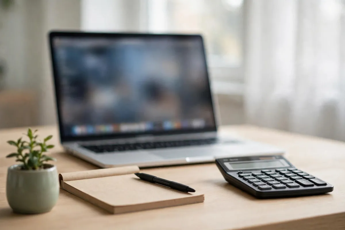 understanding bank charges on statement — laptop and calculator on a minimalist desk