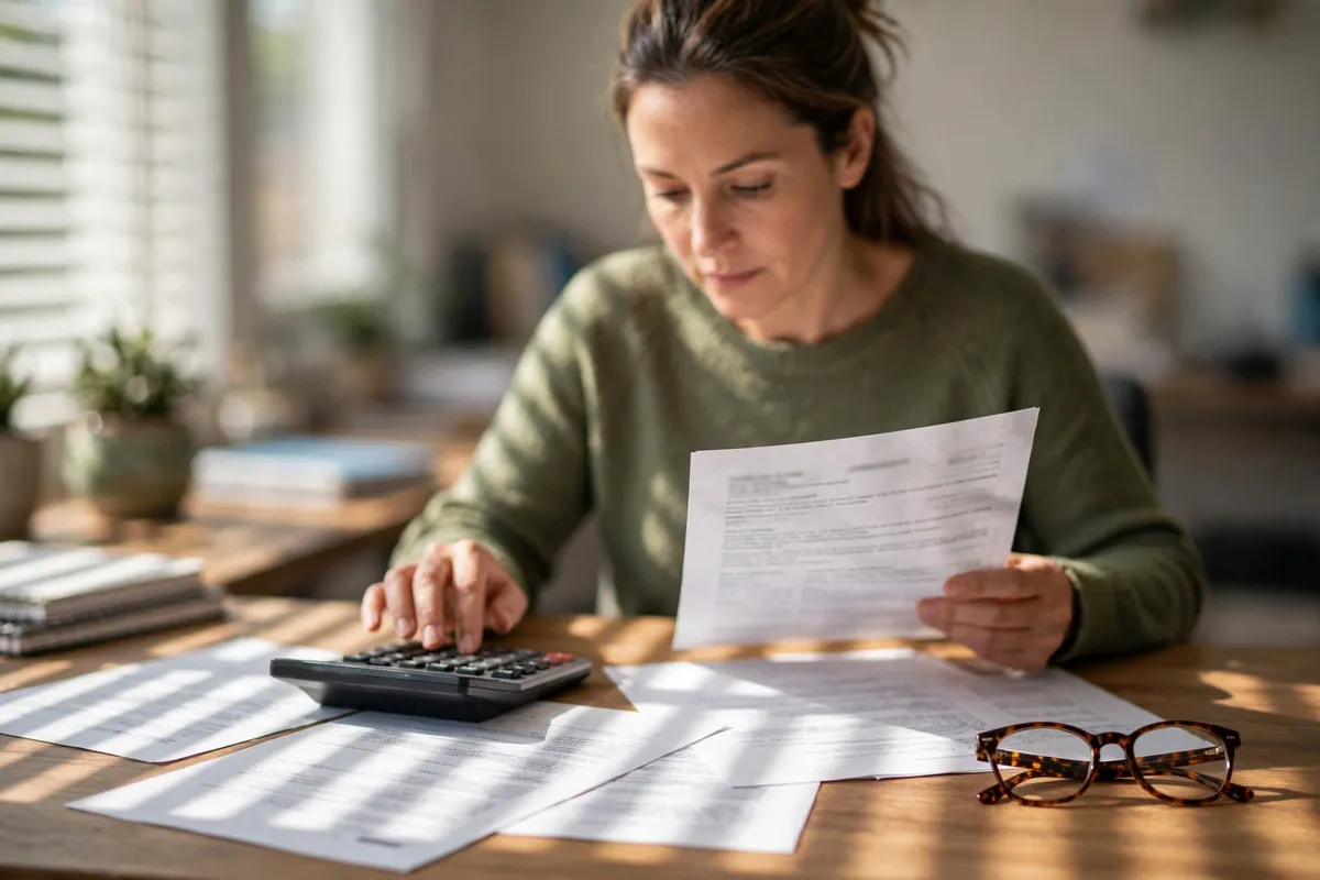 EMI entries in bank statement — person reviewing a statement with a calculator