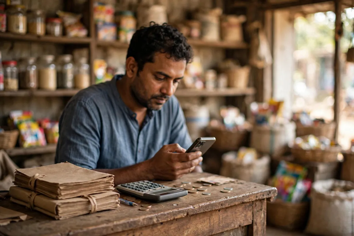 UPI transactions in bank statement — shopkeeper checking a phone at a small store counter