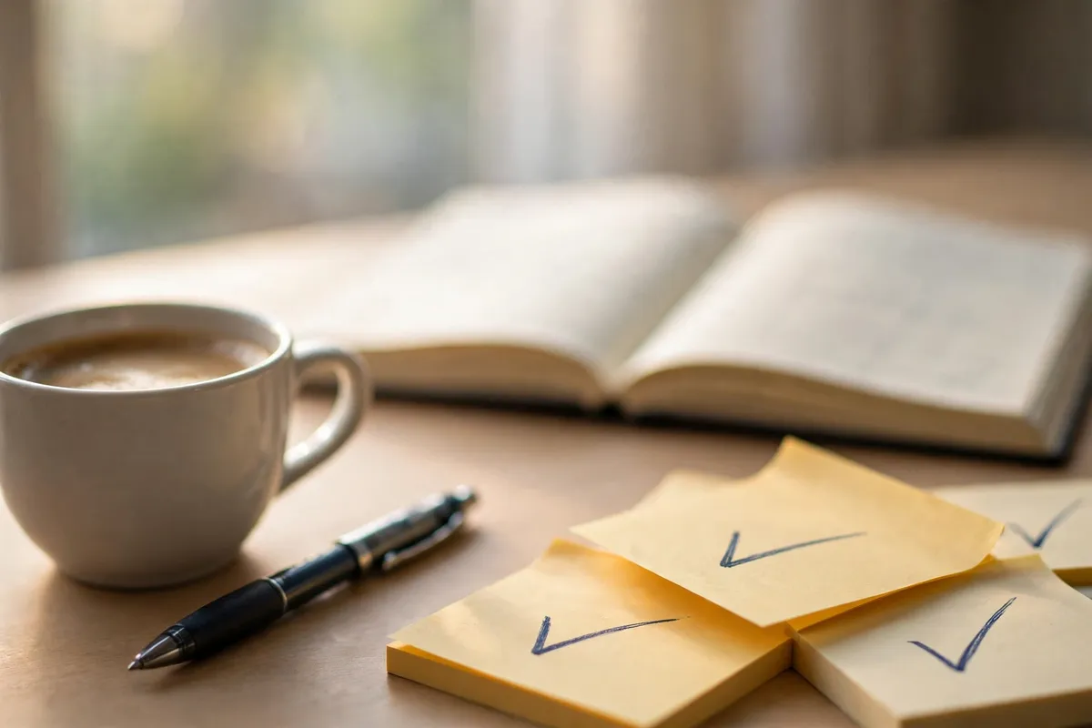 clean reconciled QuickBooks Online accounts — balanced ledger notebook and coffee on a morning desk